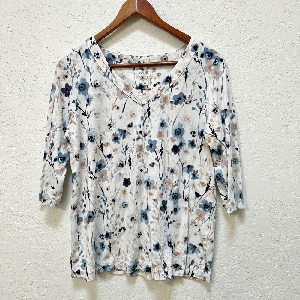 Pure Jill J. Jill Floral Pleated Back Top Blue White Medium Cottagecore Coastal